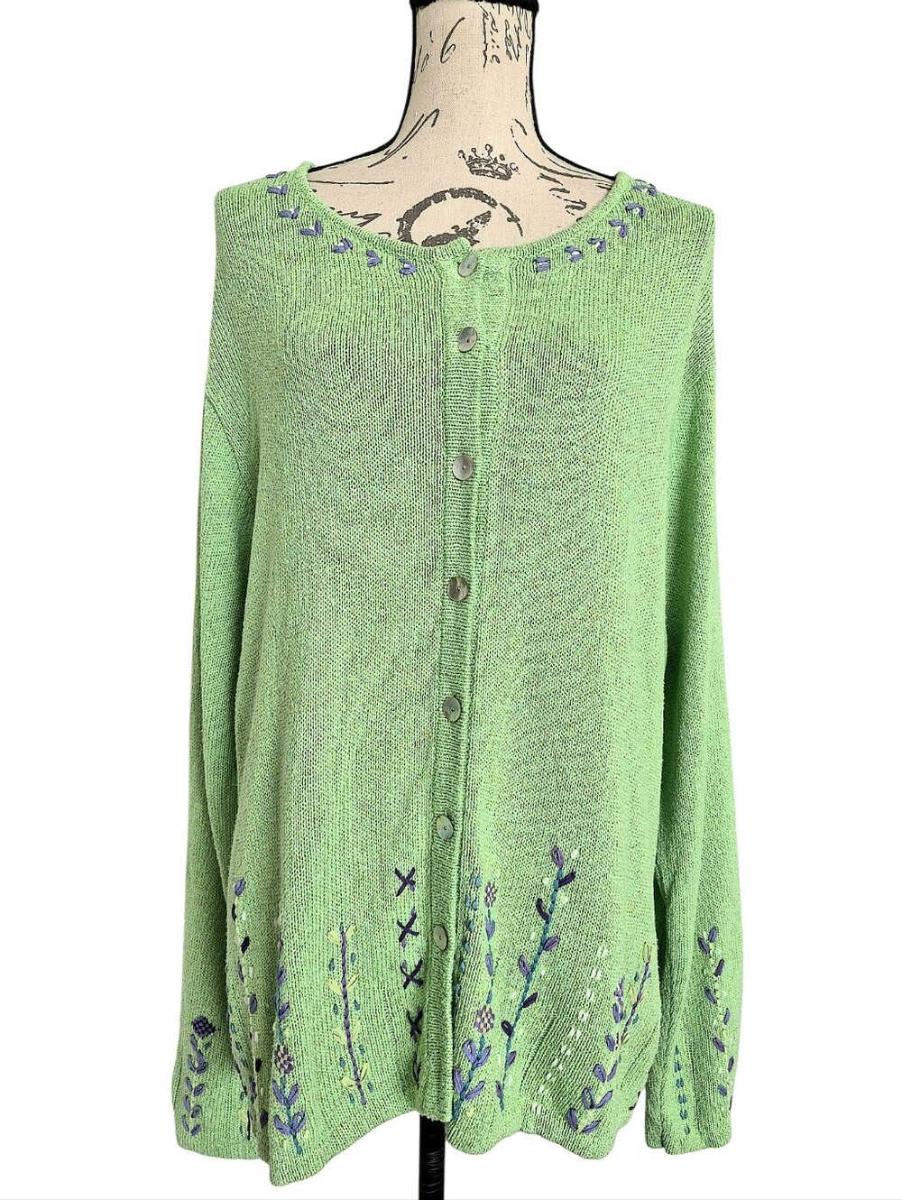 Vintage Icelandic Design Green Silk Long Cardigan Sweater XL Embroidered Floral